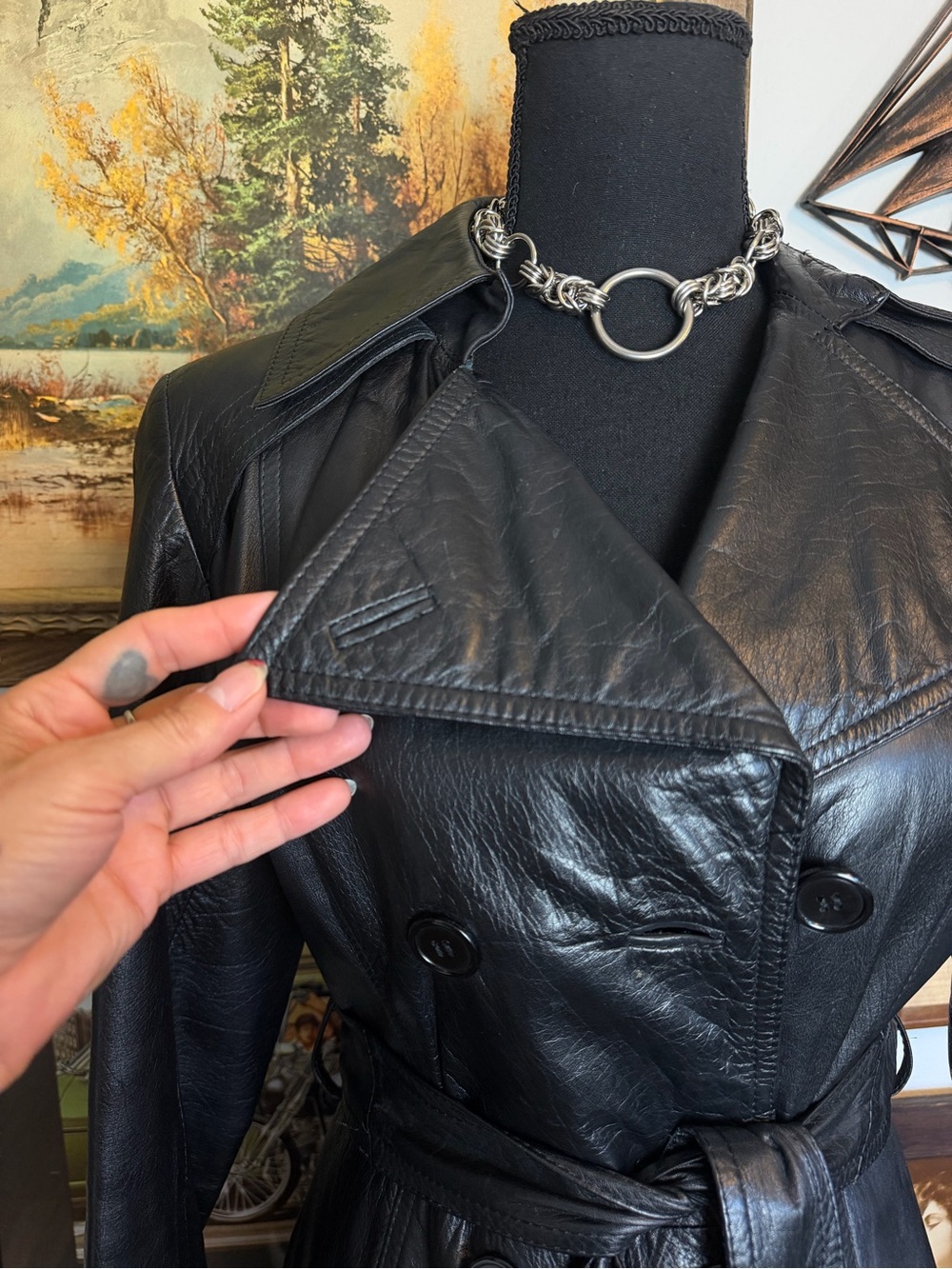 Vintage 1970s-80s Black Leather Belted Trench Coat XS-S - Picture 7 of 15
